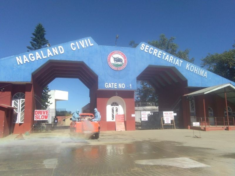 NDRF and SDRF personnel sanitising the Nagaland Civil Secretariat complex on November 16.